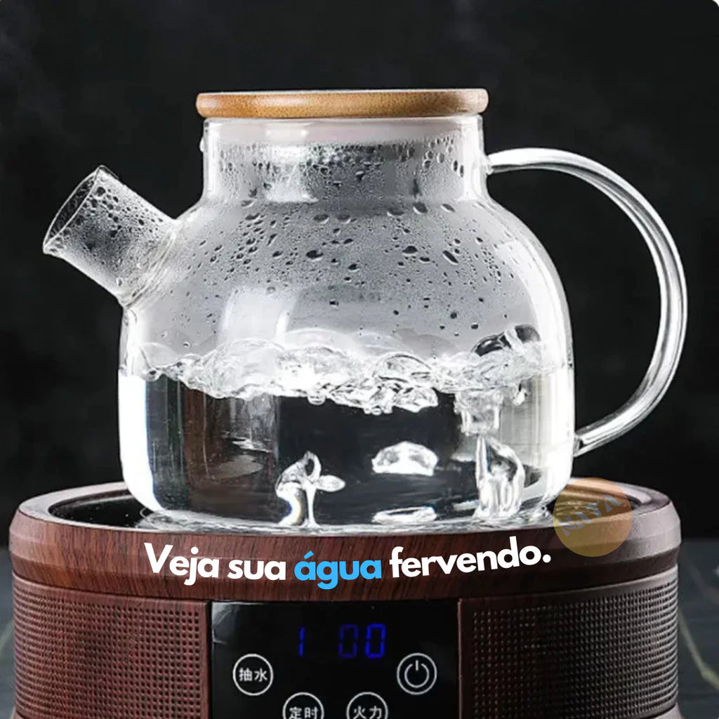 Chaleira de Vidro 1L com Coador Tampa de Bambu Premium