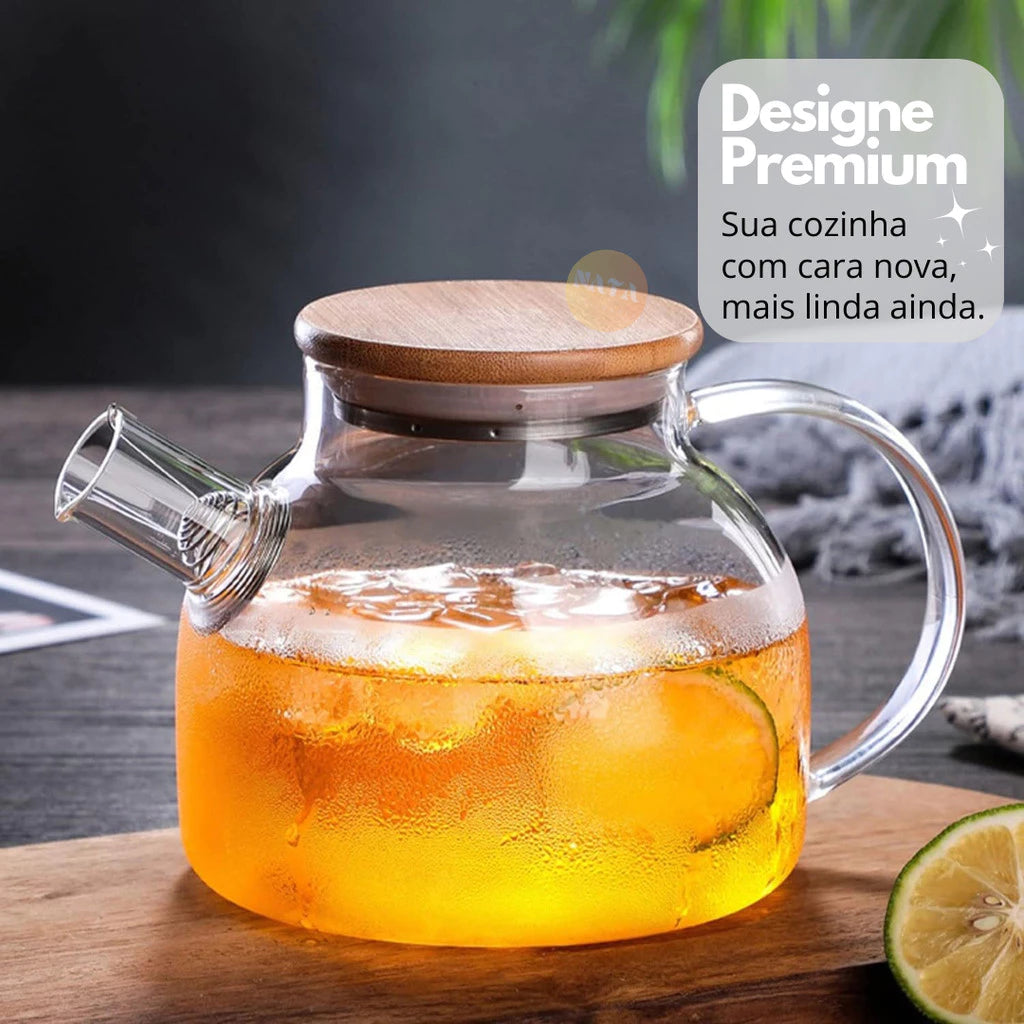 Chaleira de Vidro 1L com Coador Tampa de Bambu Premium