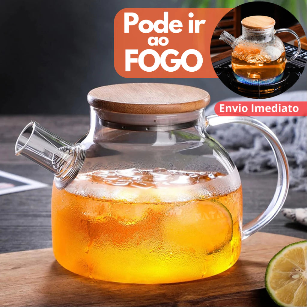 Chaleira de Vidro 1L com Coador Tampa de Bambu Premium