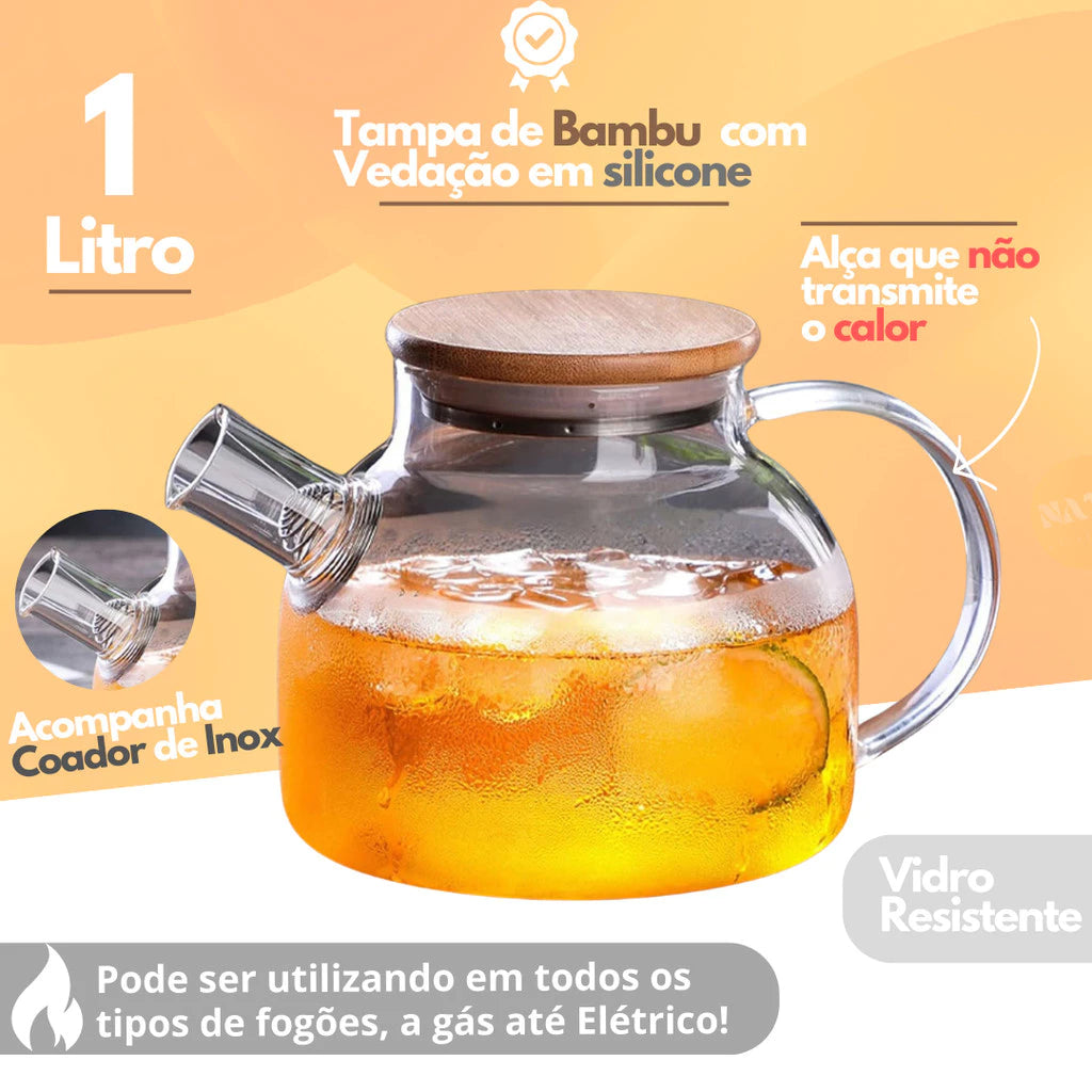 Chaleira de Vidro 1L com Coador Tampa de Bambu Premium