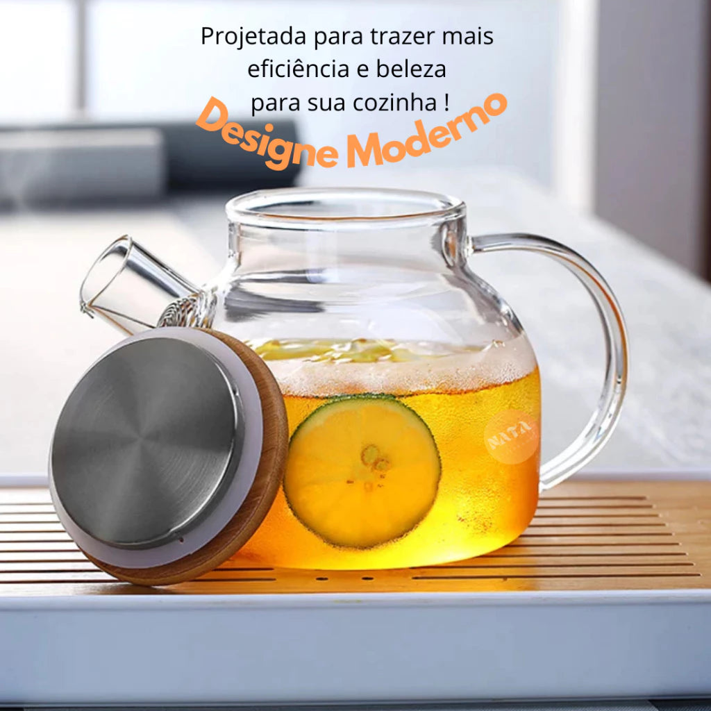 Chaleira de Vidro 1L com Coador Tampa de Bambu Premium