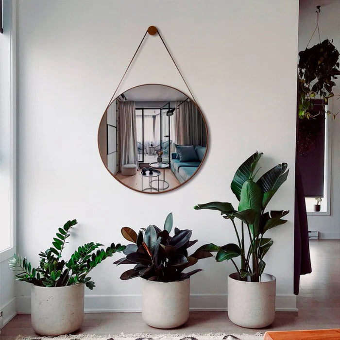 Espelho Redondo Decorativo com Alça em Couro 60cm - Casa Stony