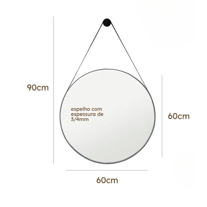 Espelho Redondo Decorativo com Alça em Couro 60cm