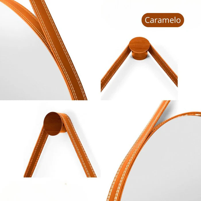 Espelho Redondo Decorativo com Alça em Couro 60cm