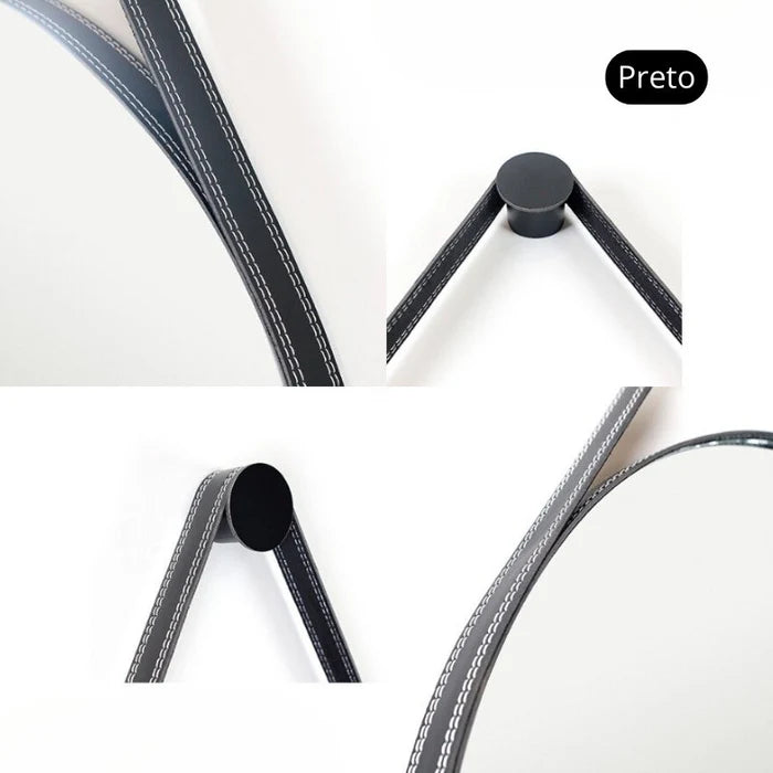 Espelho Redondo Decorativo com Alça em Couro 60cm