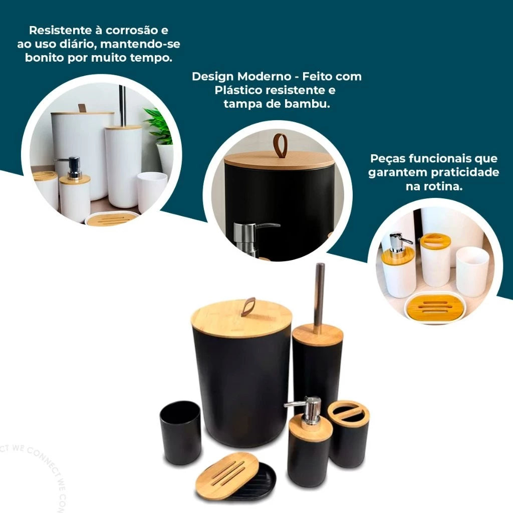 Kit 6 Peças Banheiro com Tampa de Bambu