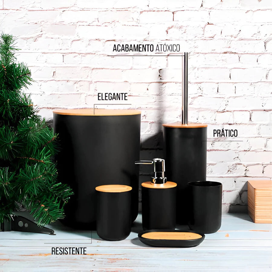 Kit 6 Peças Banheiro com Tampa de Bambu