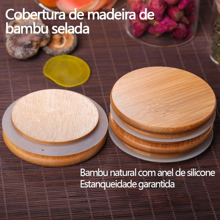 Kit 6 Potes Hermético de Vidro com Tampa de Bambu 200ml