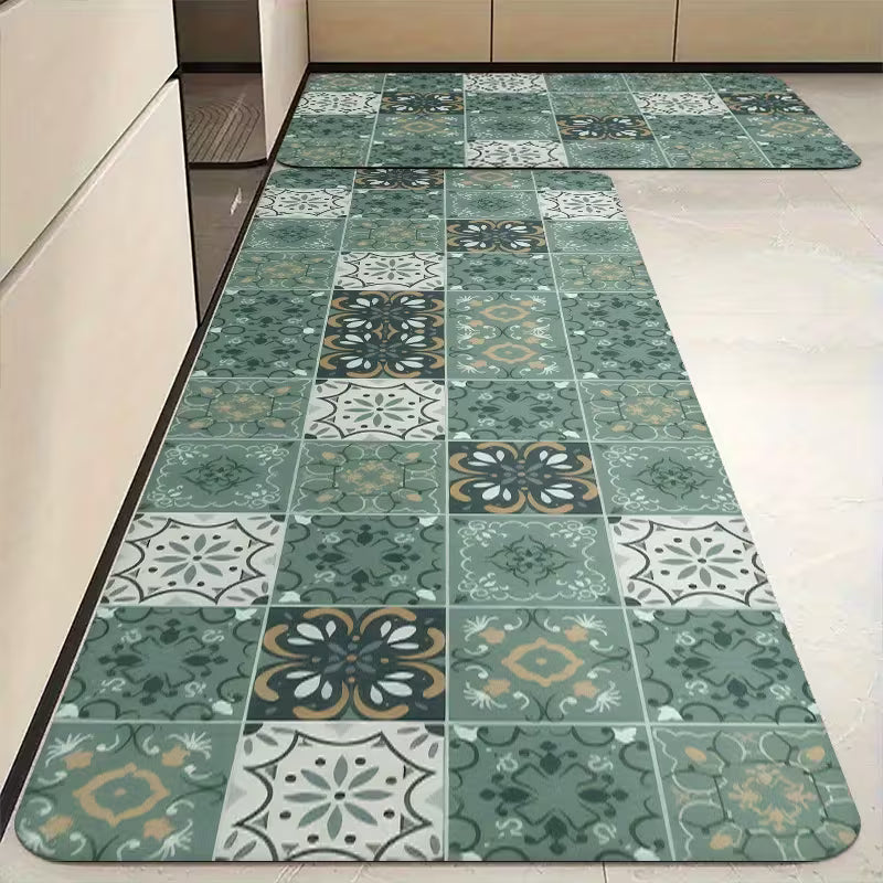 Tapete para cozinha absorvente com estampa de ladrilhos na cor verde