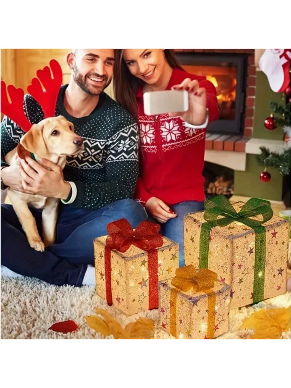 Conjunto Caixa de Presente Natalina Iluminada com Laço Decorativo - Casa Stony