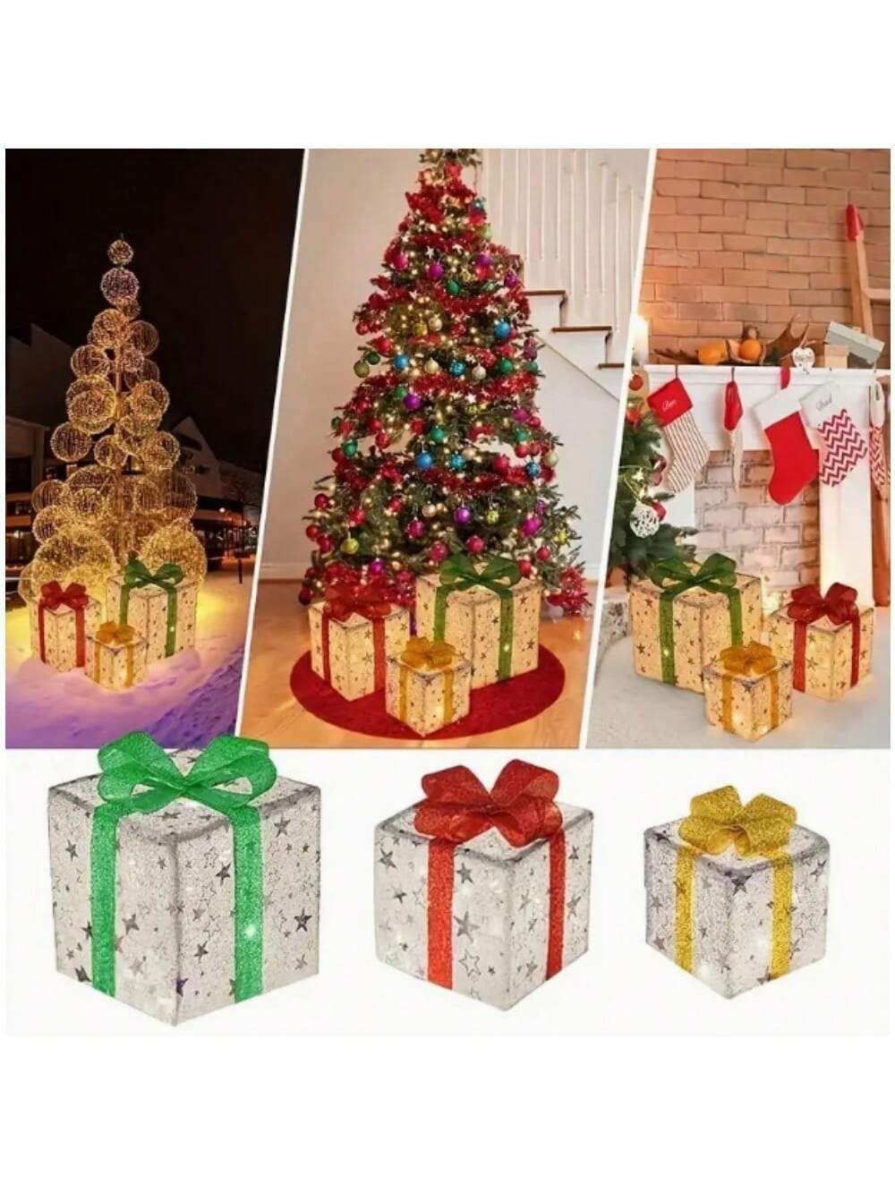 Conjunto Caixa de Presente Natalina Iluminada com Laço Decorativo - Casa Stony