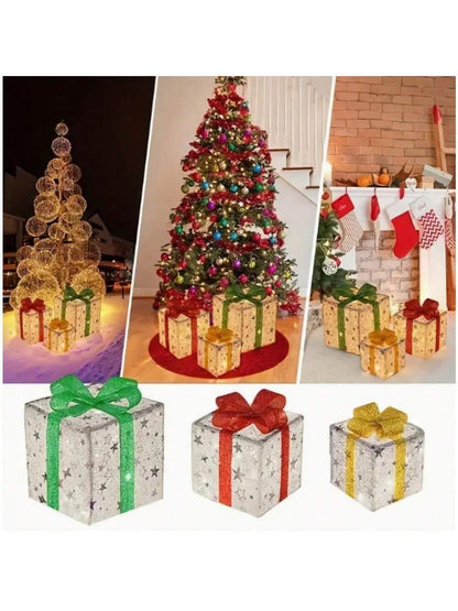 Conjunto Caixa de Presente Natalina Iluminada com Laço Decorativo - Casa Stony