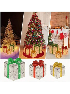 Conjunto Caixa de Presente Natalina Iluminada com Laço Decorativo