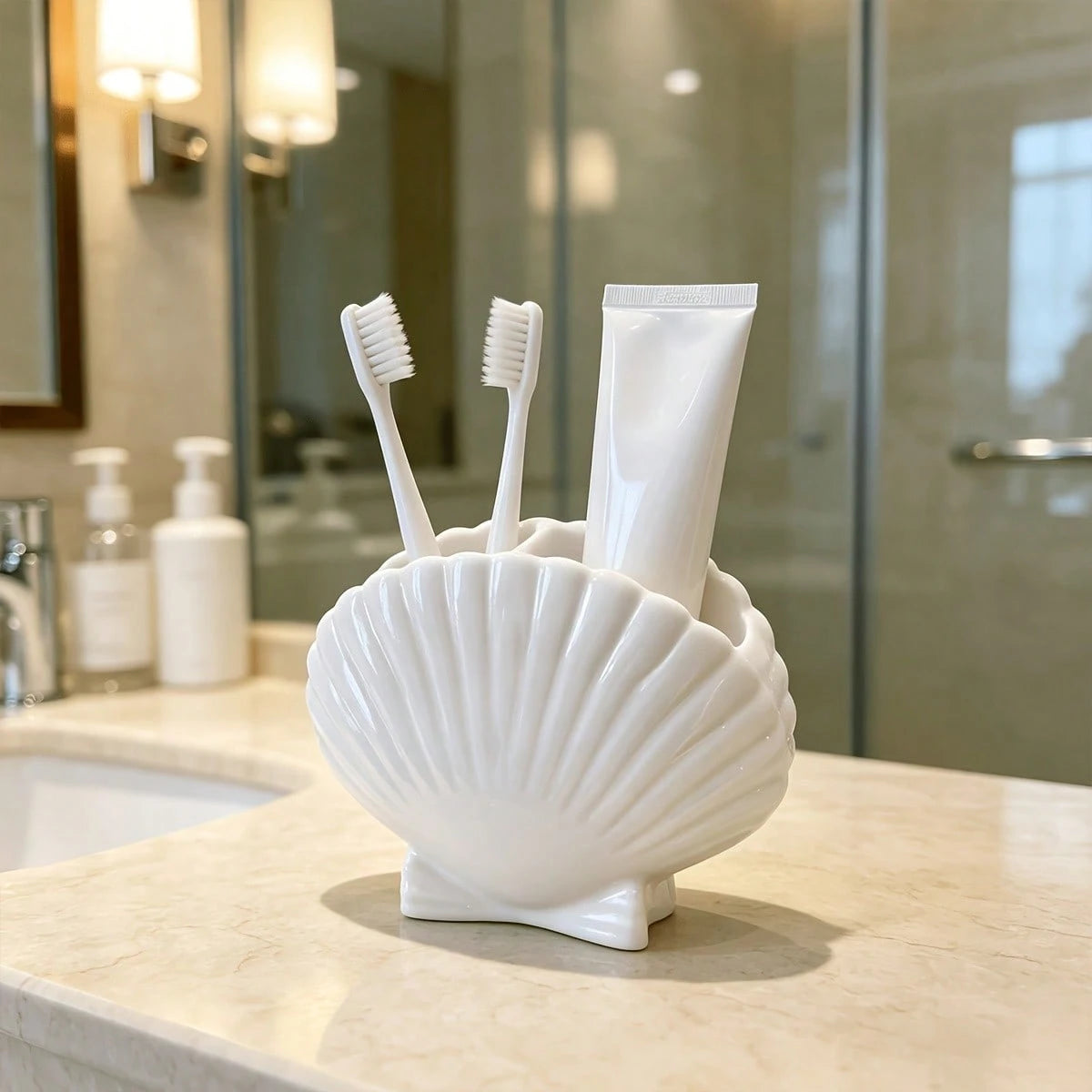 Organizador Porta-Escovas em Resina Concha – Elegância e Organização para o Banheiro