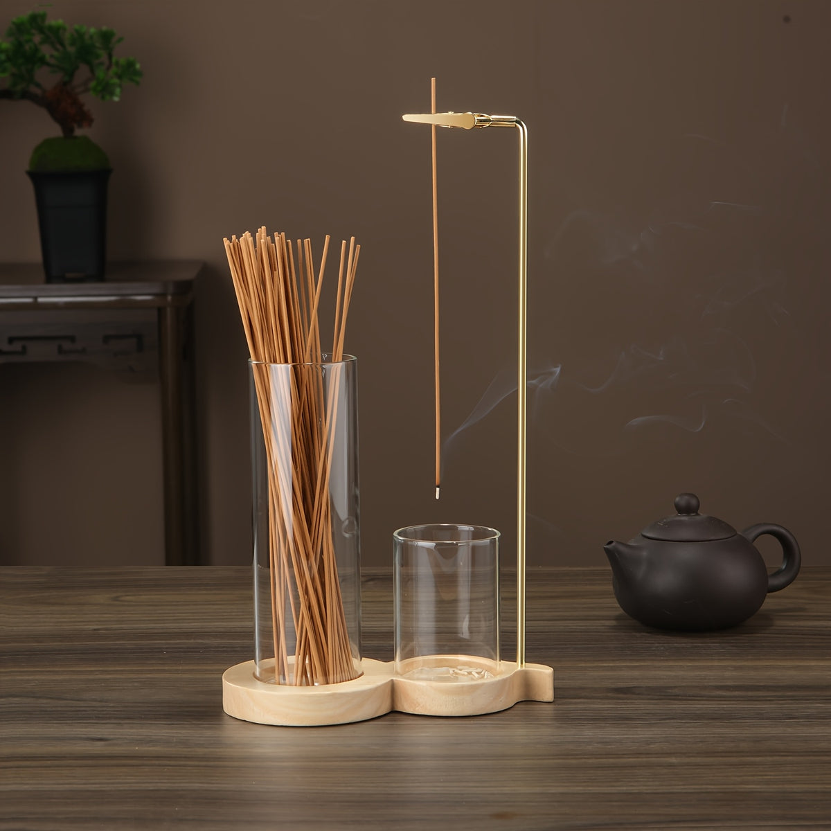 Porta-incenso suspenso de madeira e vidro