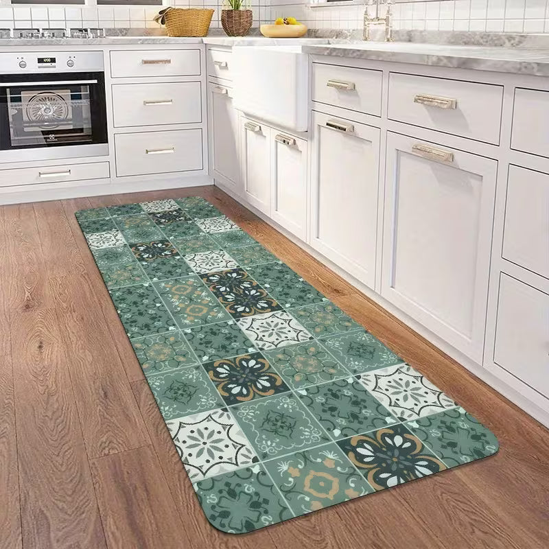 Tapete passadeira de cozinha verde com alta absorção que mantém o piso seco