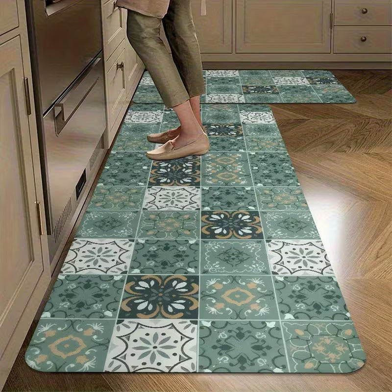 Tapete de ladrilhos verde com camada macia que dá conforto ao cozinhar