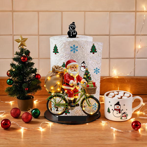 Porta papel toalha de acrílico com Papai Noel de bicicleta