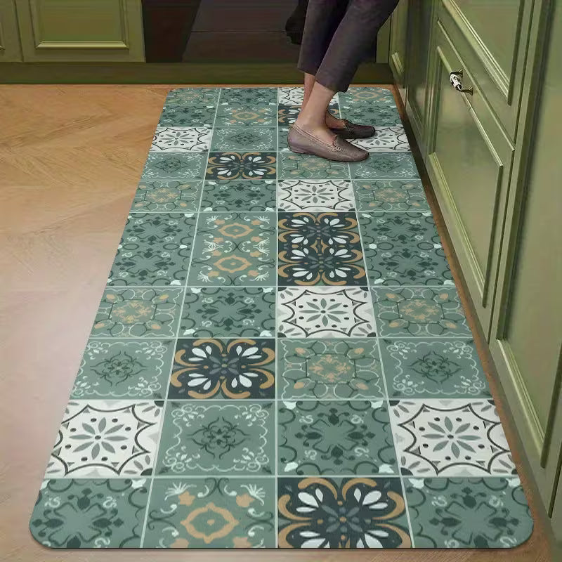Passadeira para cozinha com tema ladrilhos verdes, decoração prática e fácil de limpar