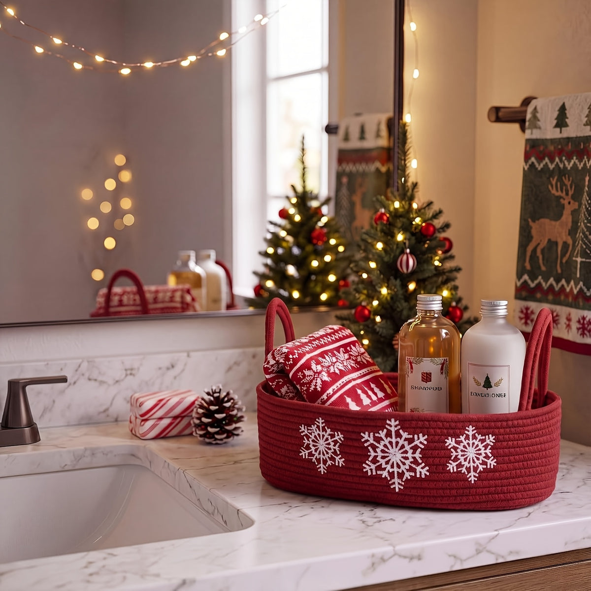 Cesto organizador de Natal em tecido vinho