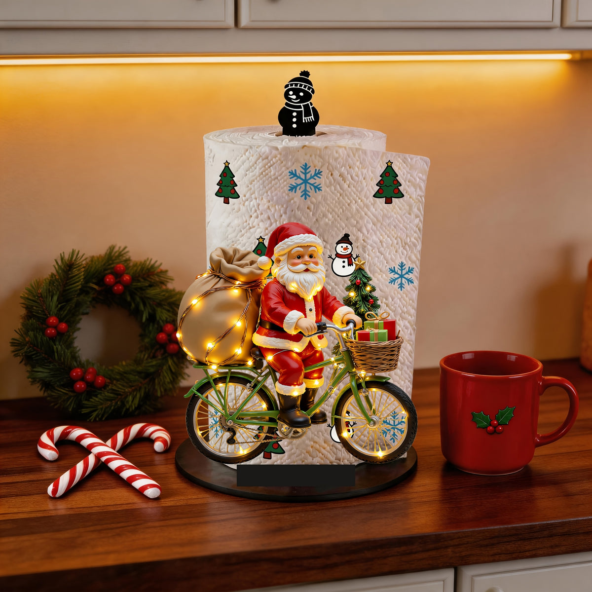 Porta papel toalha Papai Noel de bicicleta verde