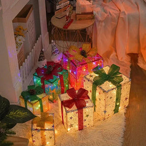 Conjunto Caixa de Presente Natalina Iluminada com Laço Decorativo
