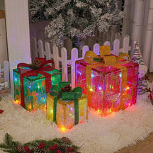 Conjunto Caixa de Presente Natalina Iluminada com Laço Decorativo