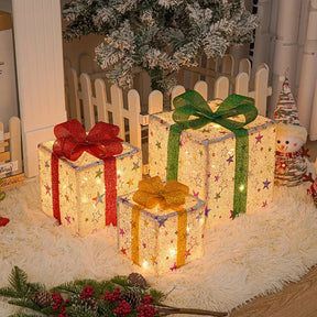 Conjunto Caixa de Presente Natalina Iluminada com Laço Decorativo