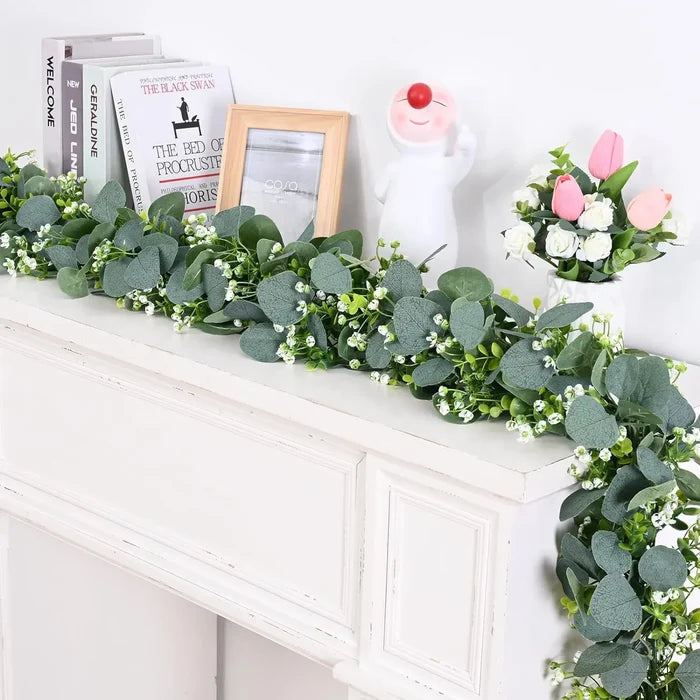 Guirlanda de Folhas de Eucalipto Artificial com Flores Brancas - Casa Stony
