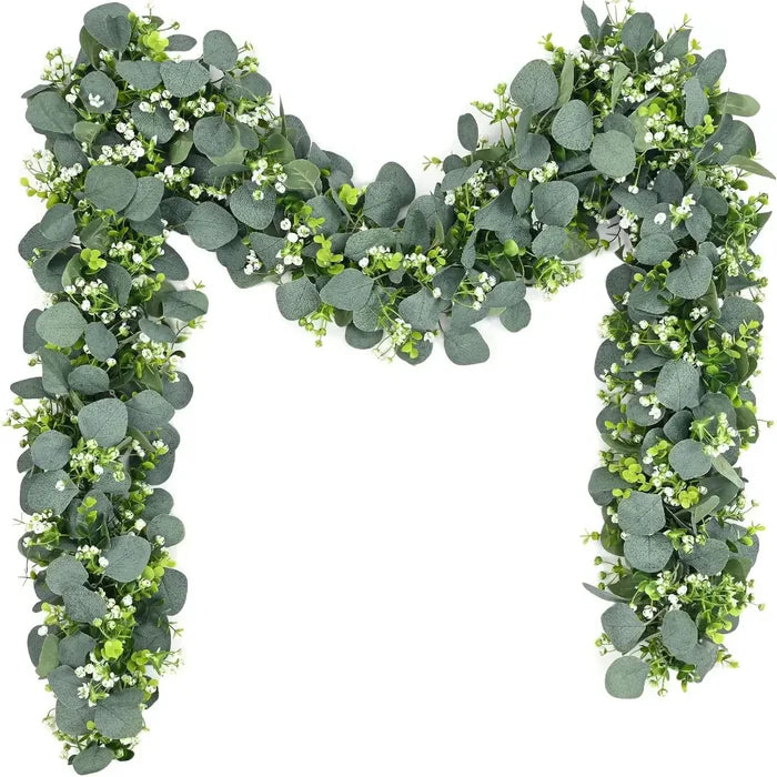 Guirlanda de Folhas de Eucalipto Artificial com Flores Brancas - Casa Stony