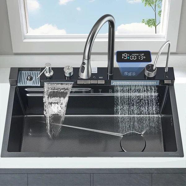 Kit Cuba para Cozinha Cascata Gourmet Aço Inox com Torneira Flexível Cinza