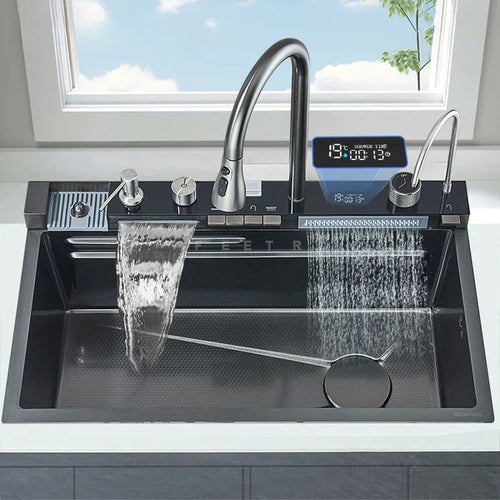 Kit Cuba para Cozinha Cascata Gourmet Aço Inox com Torneira Flexível Cinza