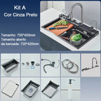 Kit cuba gourmet cascata em aço inox com torneira flexível cinza
