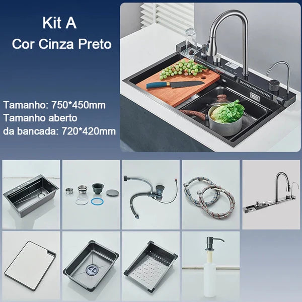 Kit Cuba para Cozinha Cascata Gourmet Aço Inox com Torneira Flexível Cinza