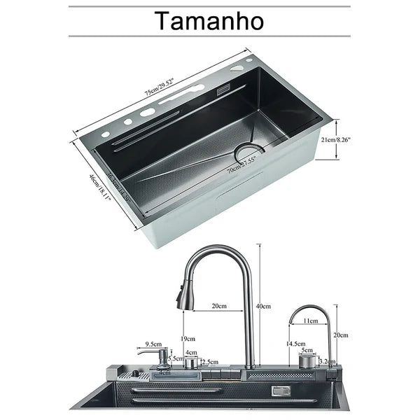 Kit Cuba para Cozinha Cascata Gourmet Aço Inox com Torneira Flexível Cinza