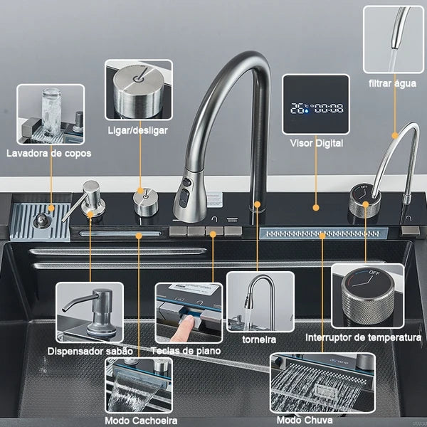 Kit Cuba para Cozinha Cascata Gourmet Aço Inox com Torneira Flexível Cinza