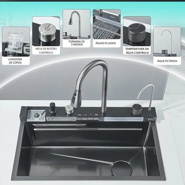 Kit Cuba para Cozinha Cascata Gourmet Aço Inox com Torneira Flexível Cinza