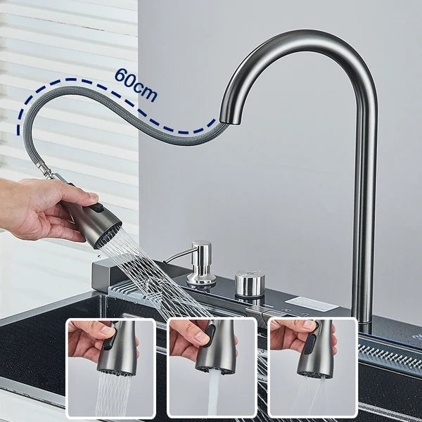 Kit Cuba para Cozinha Cascata Gourmet Aço Inox com Torneira Flexível Cinza