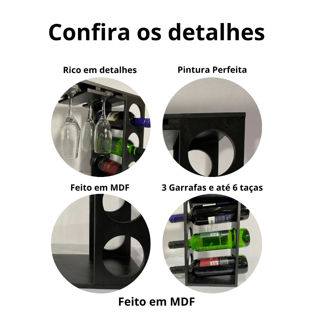 Adega de Vinho com Suporte para Taças e Garrafas em Madeira