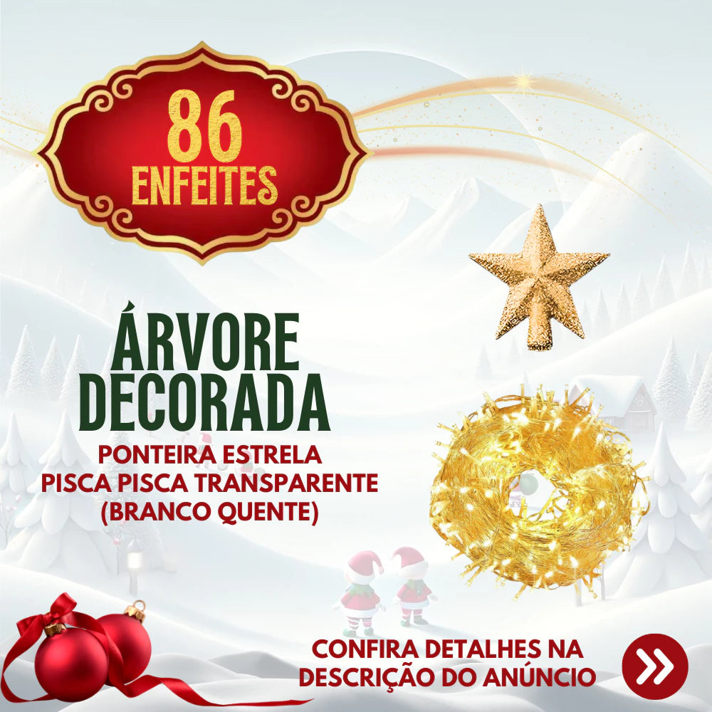 Árvore de Natal 1,50m Decorada com 87 Enfeites e Pisca-Pisca LED