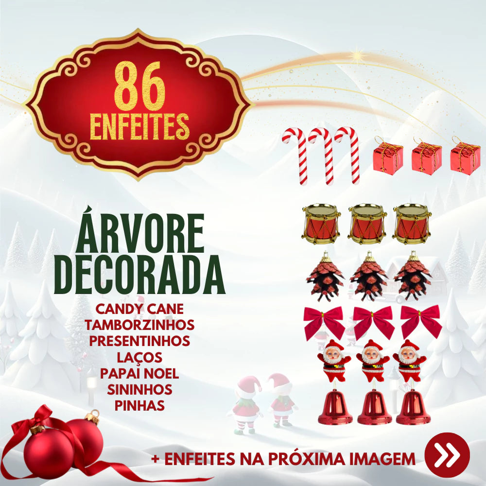 Árvore de Natal 1,50m Decorada com 87 Enfeites e Pisca-Pisca LED