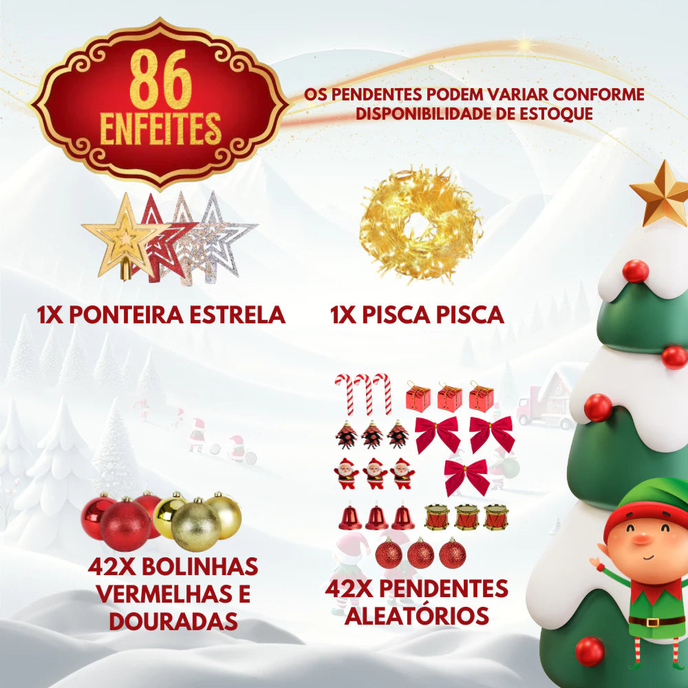 Árvore de Natal 1,50m Decorada com 87 Enfeites e Pisca-Pisca LED