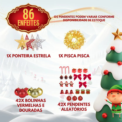 Árvore de Natal 1,50m Decorada com 87 Enfeites e Pisca-Pisca LED