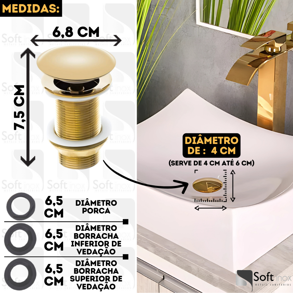 Válvula click de inox dourada 1.1/4 para cuba de banheiro