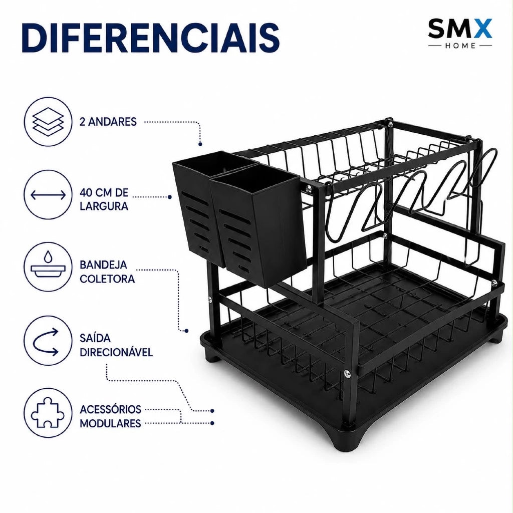 Escorredor de Louça Inox 2 Andares e Suporte de Talheres