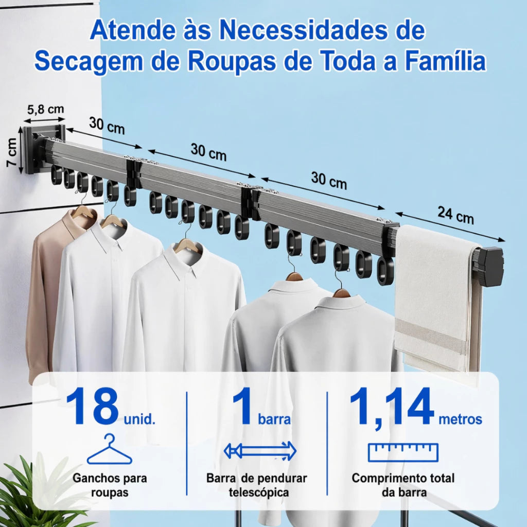 Varal Retrátil de Roupas de Parede Alumínio