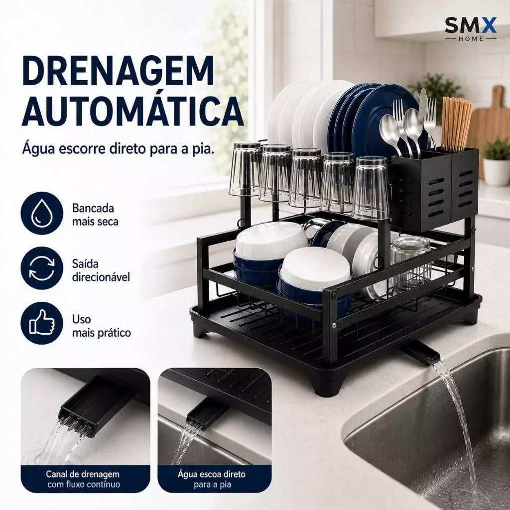 Escorredor de Louça Inox 2 Andares e Suporte de Talheres