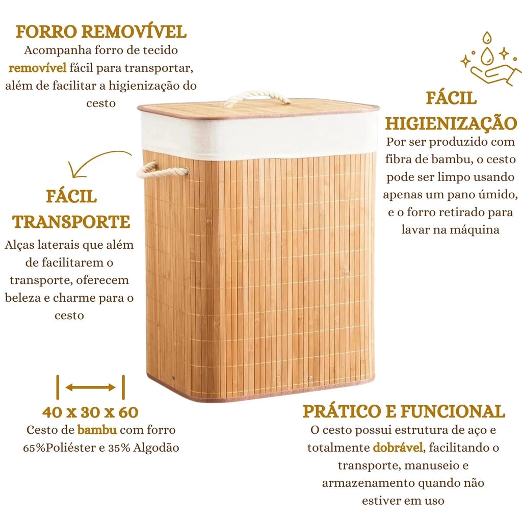 Cesto de Roupa Suja 70 Litros Lavanderia Bambu c/ Tampa - Casa Stony