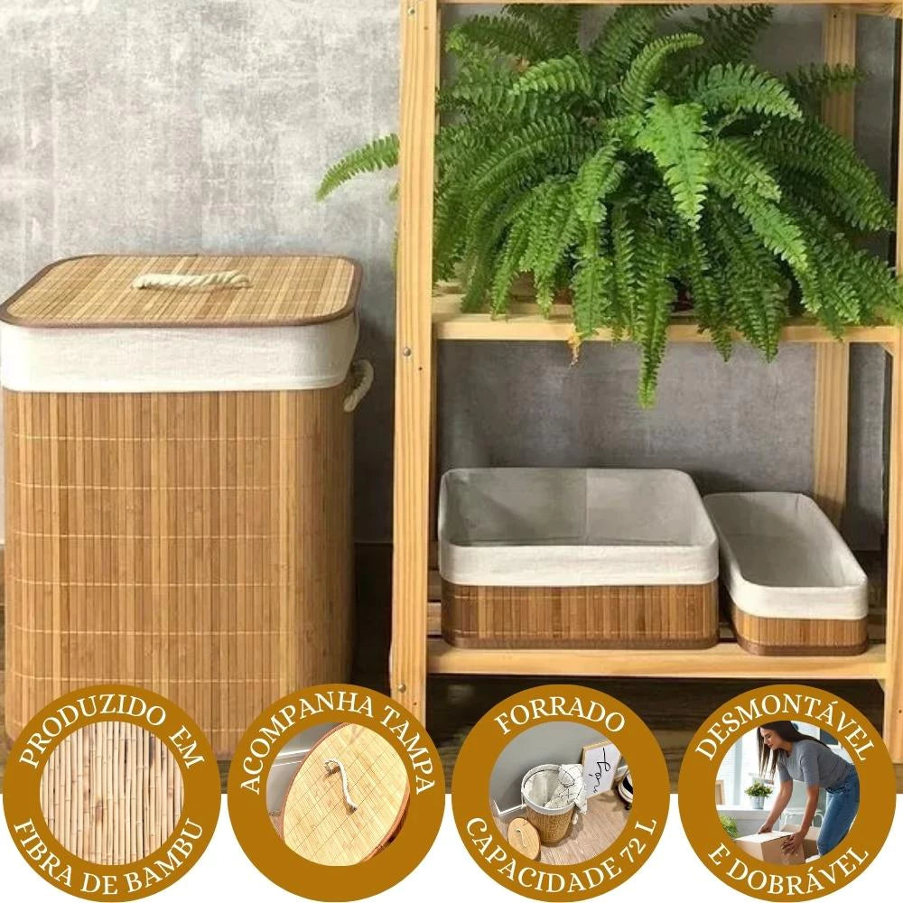 Cesto de Roupa Suja 70 Litros Lavanderia Bambu c/ Tampa - Casa Stony
