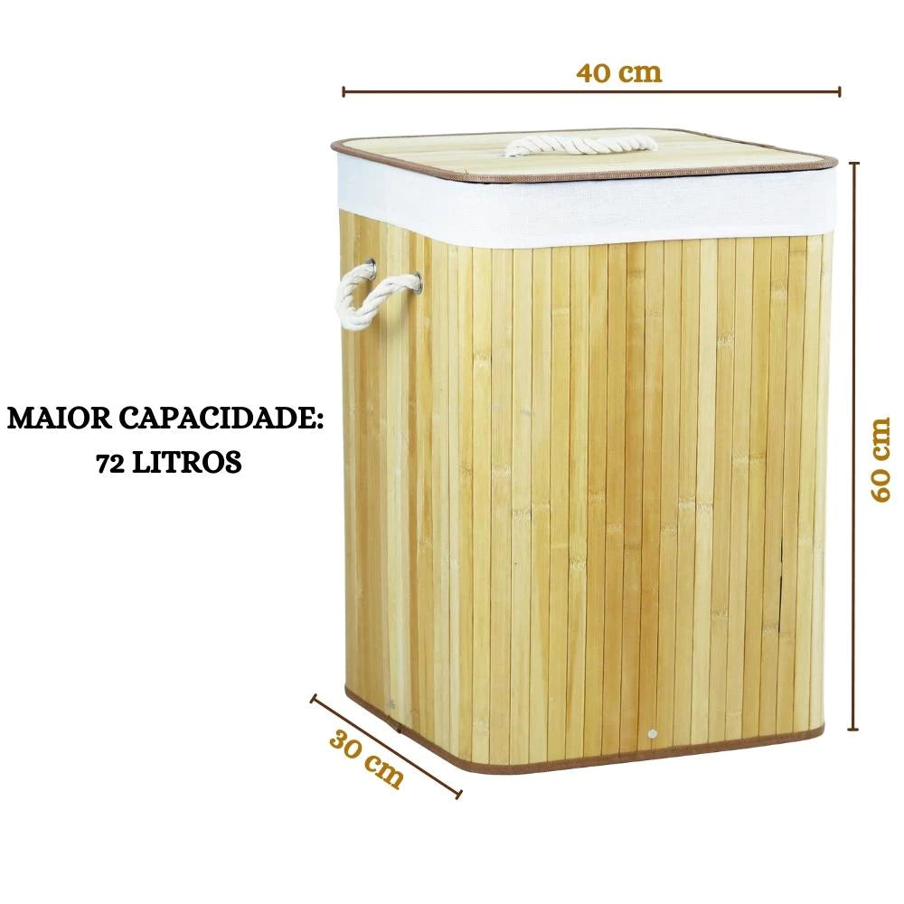 Cesto de Roupa Suja 70 Litros Lavanderia Bambu c/ Tampa - Casa Stony